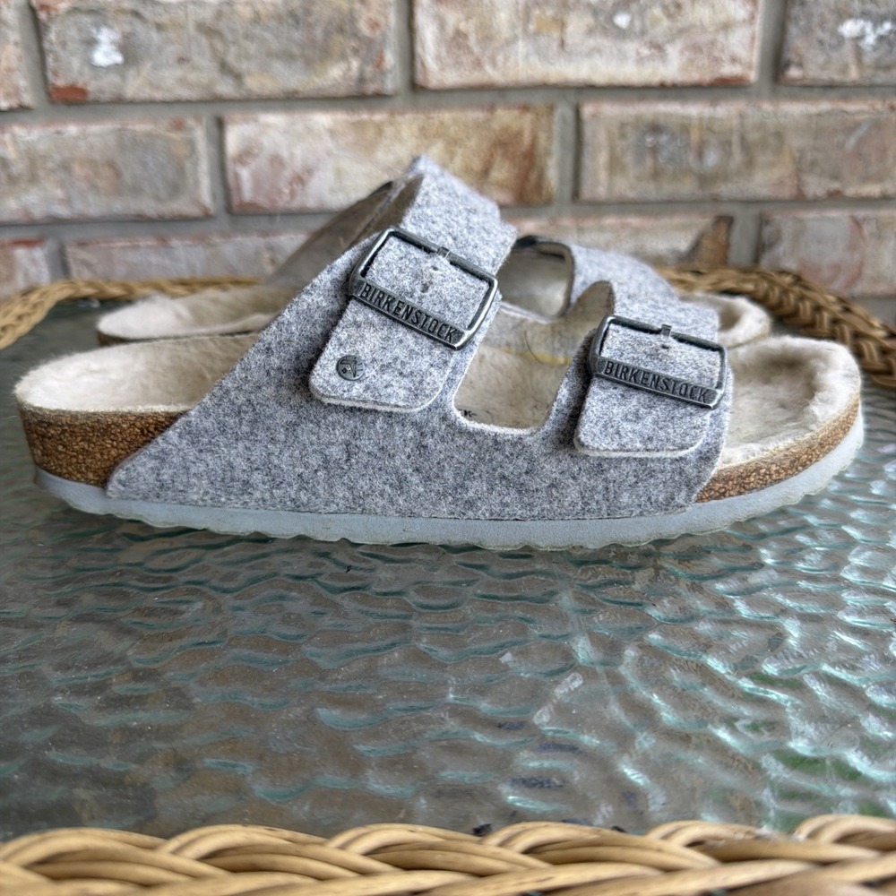 Birkenstock Arizona Shearling Lined 2-Strap Slide Sandals Gray Unisex Size 39
